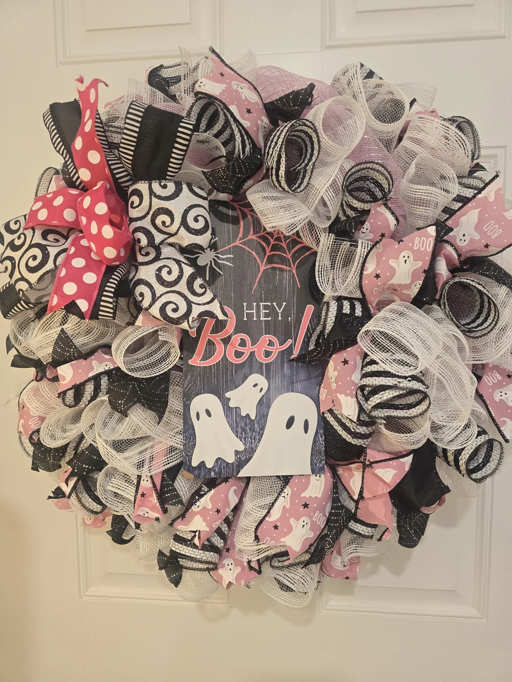 Hey Boo! Pink & Black Halloween Deco Mesh Wreath